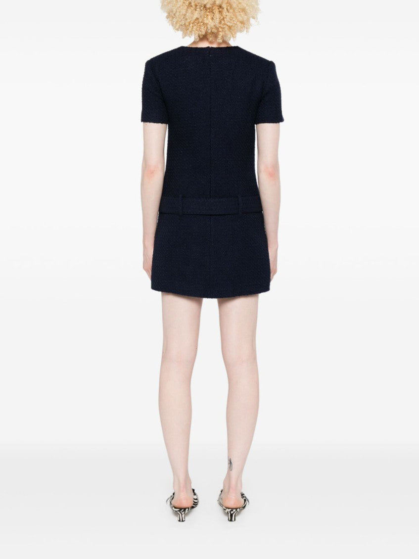 Navy Blue Belted Tweed Mini Dress 5