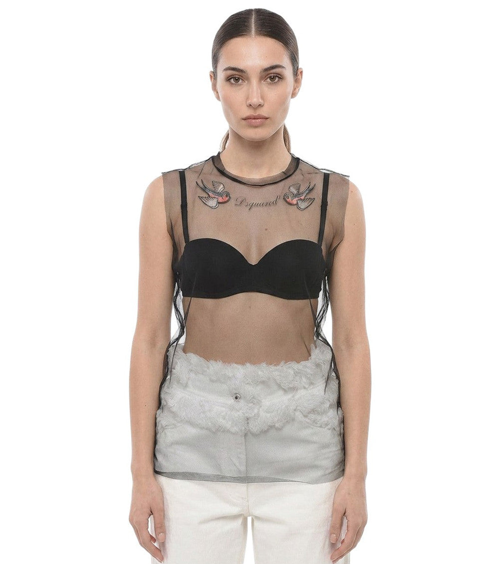 Black Embroidered Crew Neck Top 1