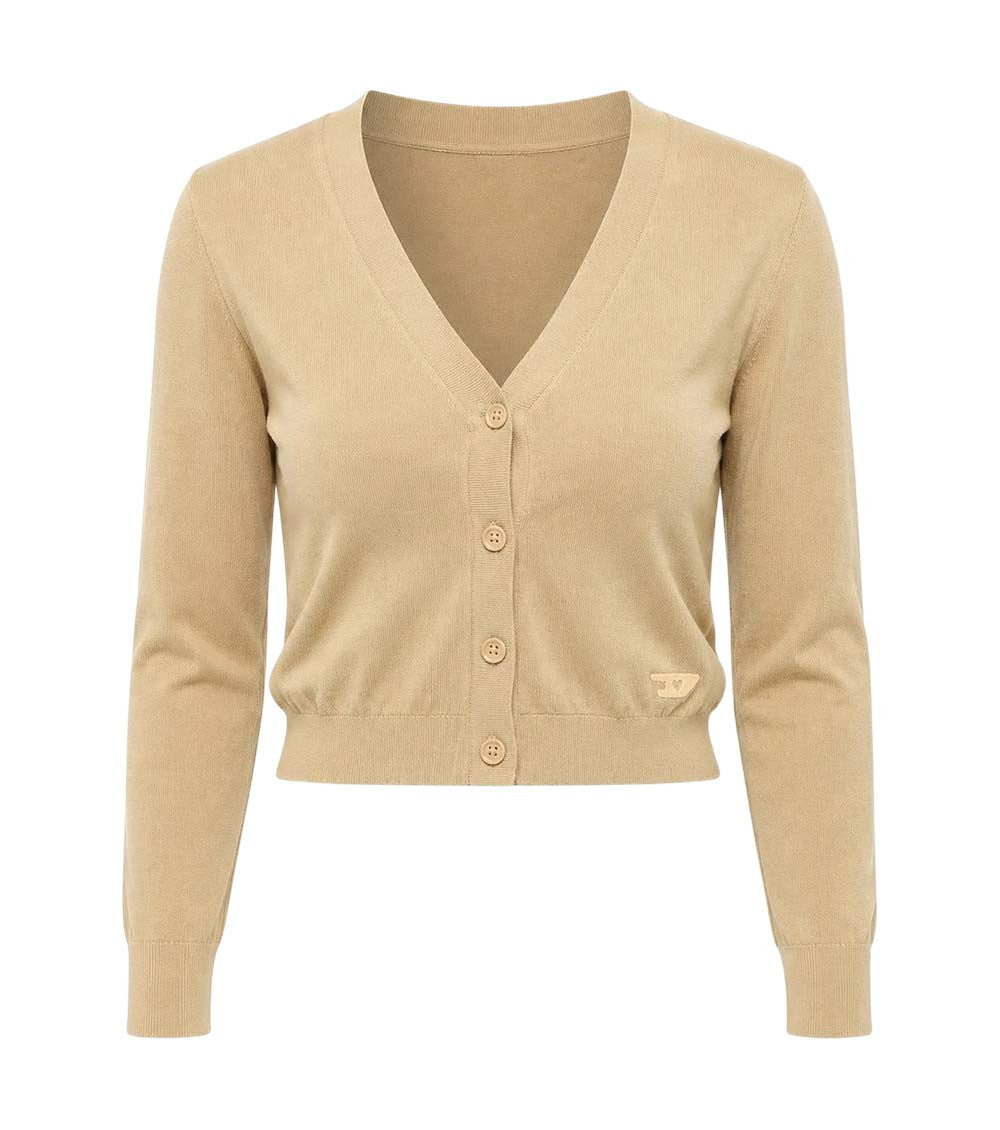 Beige Solid V Neck Cardigan 1
