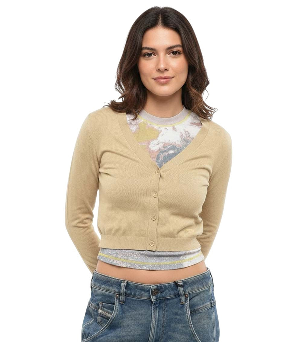 Beige Solid V Neck Cardigan 3