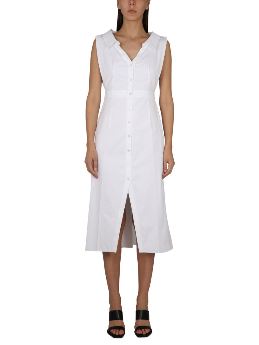 White Solid Shirt Collar Midi Dress 1