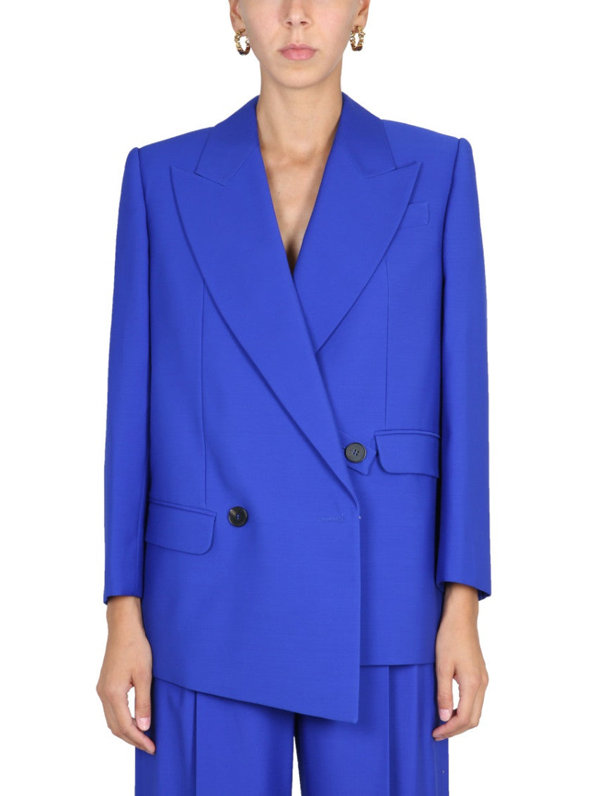 Blue Solid Peaked Lapel Blazer 1