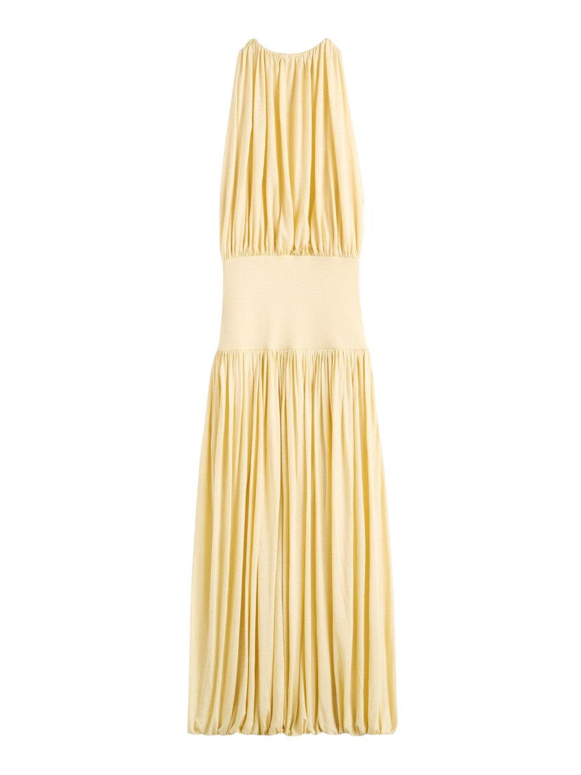 Beige Solid Boat Neck Maxi Dress 1