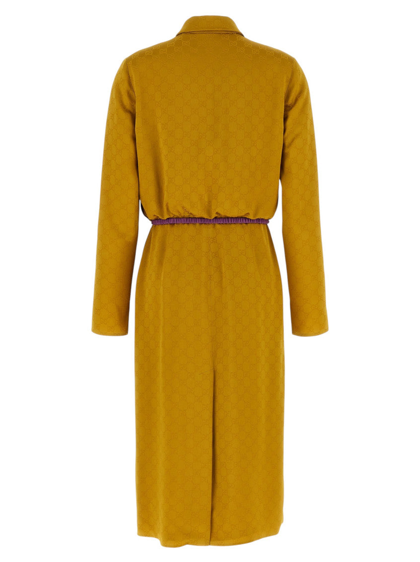 Yellow Jacquard Shirt Collar Midi Dress 2