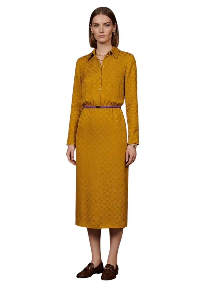 Yellow Jacquard Shirt Collar Midi Dress 3