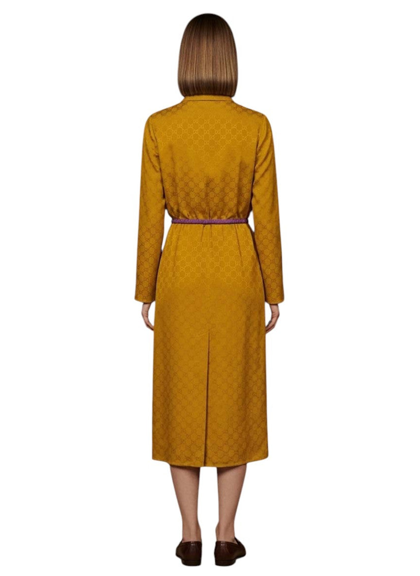Yellow Jacquard Shirt Collar Midi Dress 4