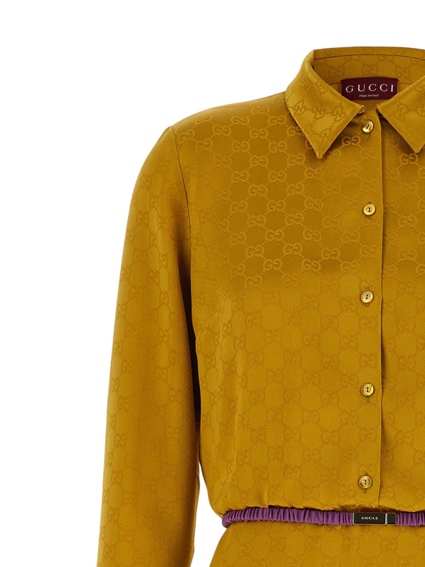 Yellow Jacquard Shirt Collar Midi Dress 5
