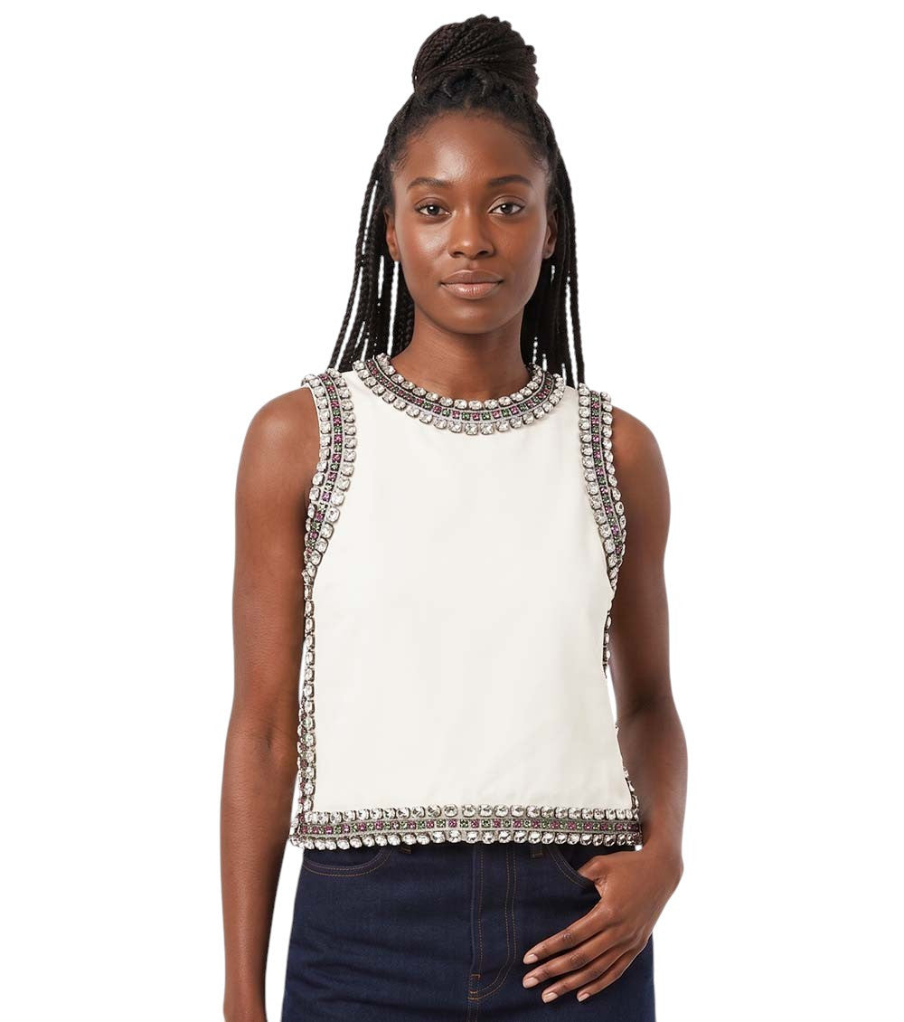 White Embellished Round Neck Top 1
