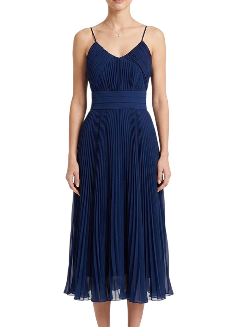 Blue Pleated V Neck Midi Dress 3