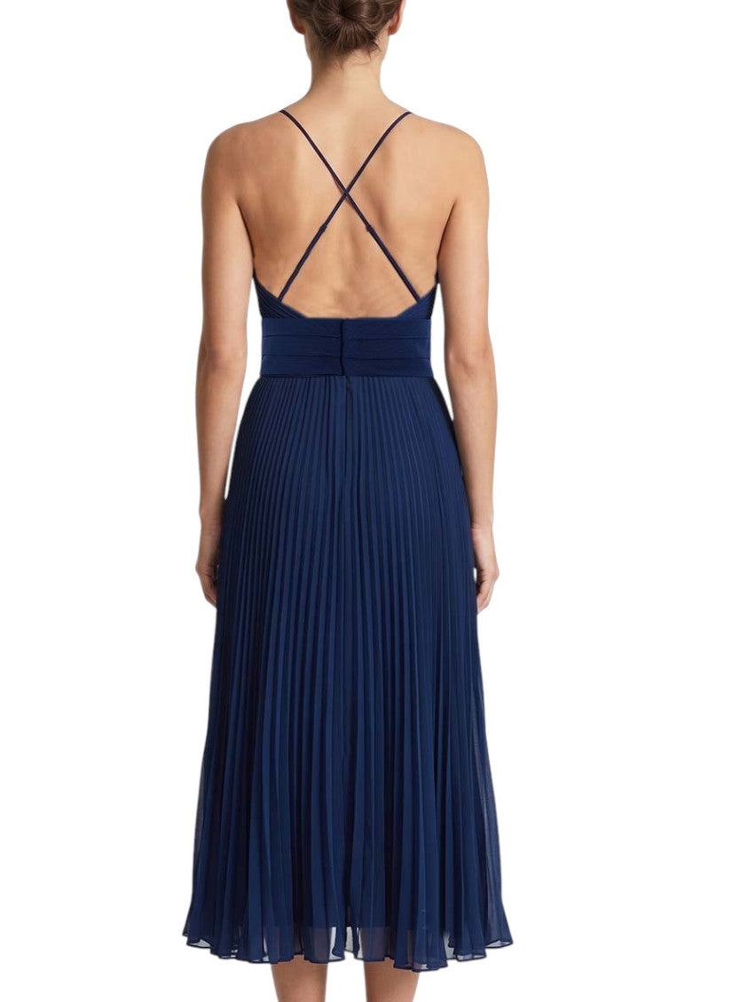 Blue Pleated V Neck Midi Dress 4