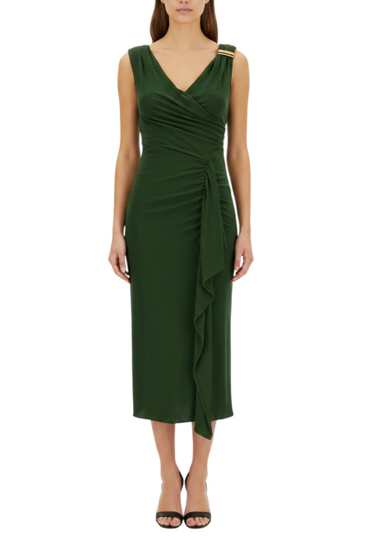 Green Solid V Neck Midi Dress 3