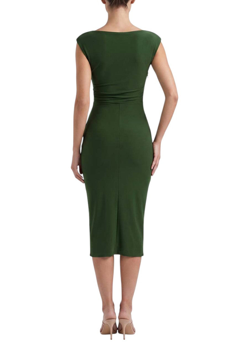 Green Solid V Neck Midi Dress 4