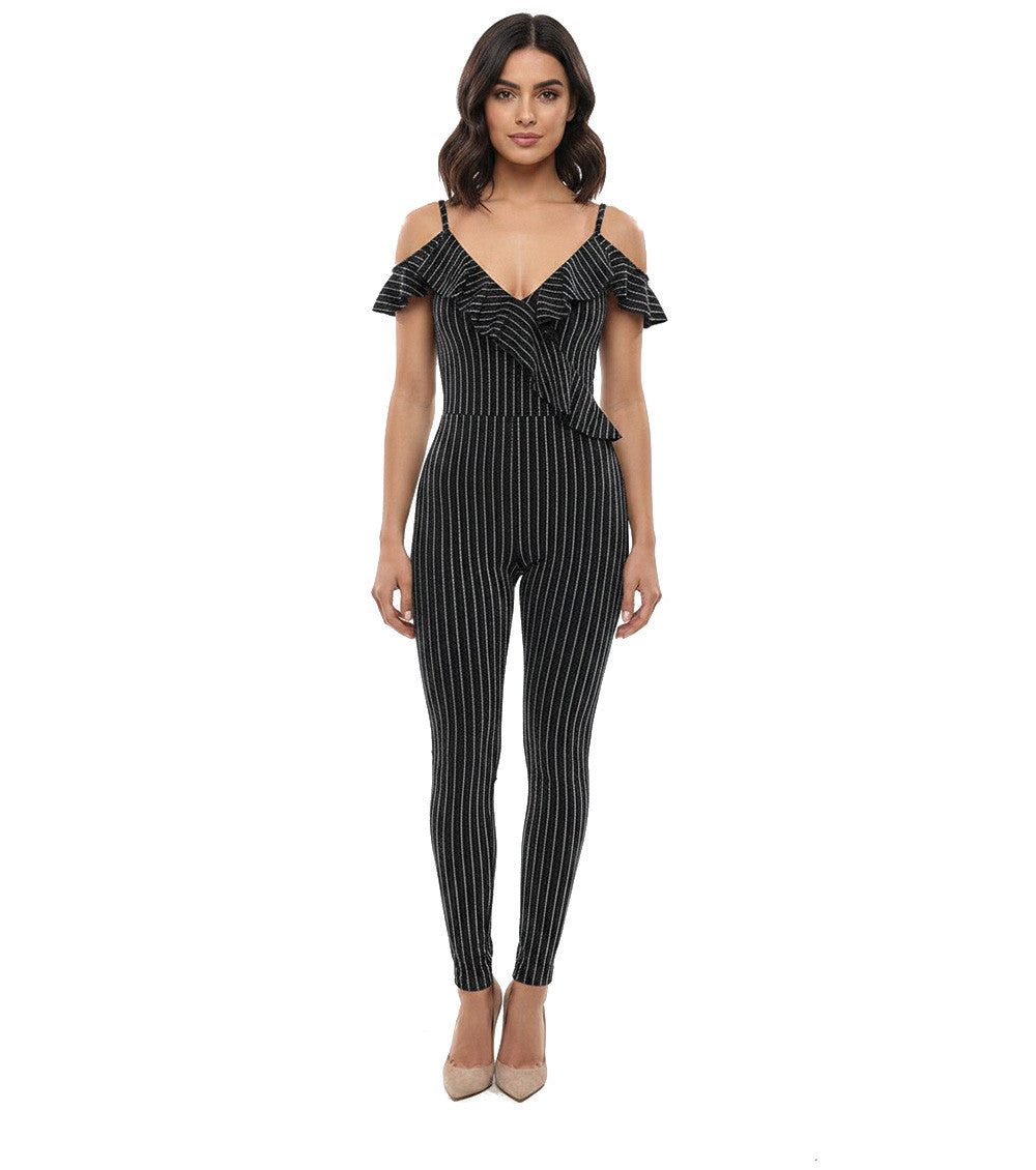 Black Stripes V Neck Jumpsuit 1