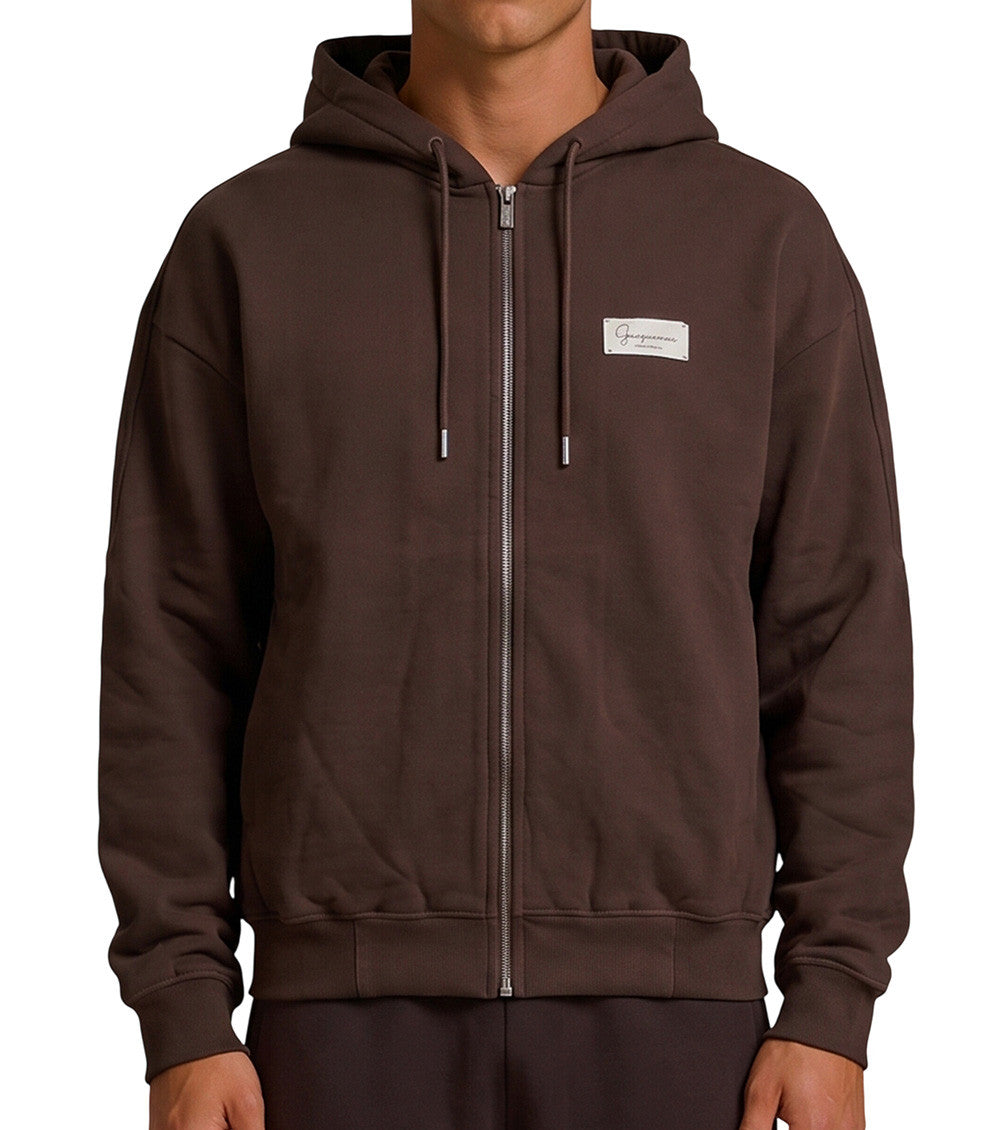 Brown Zip Up Logo Hoodie 1