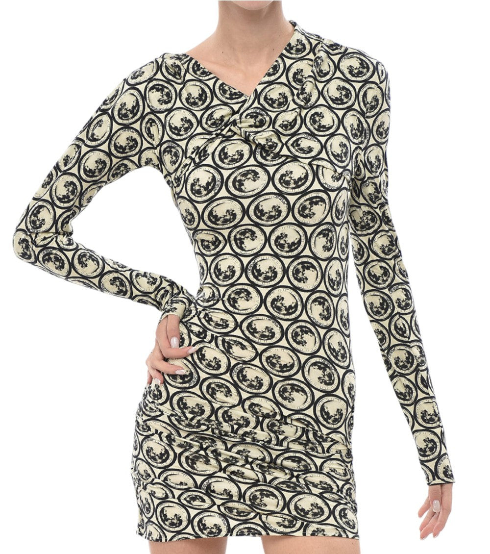 Beige Printed V Neck Mini Dress 1