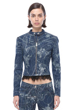 Blue Printed Band Collar Jacket 1