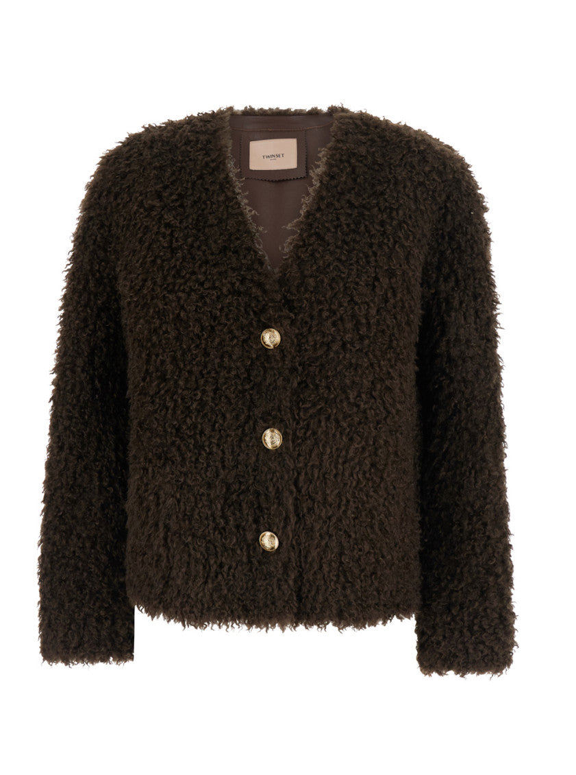 Brown Textured V Neck Cardigan 1