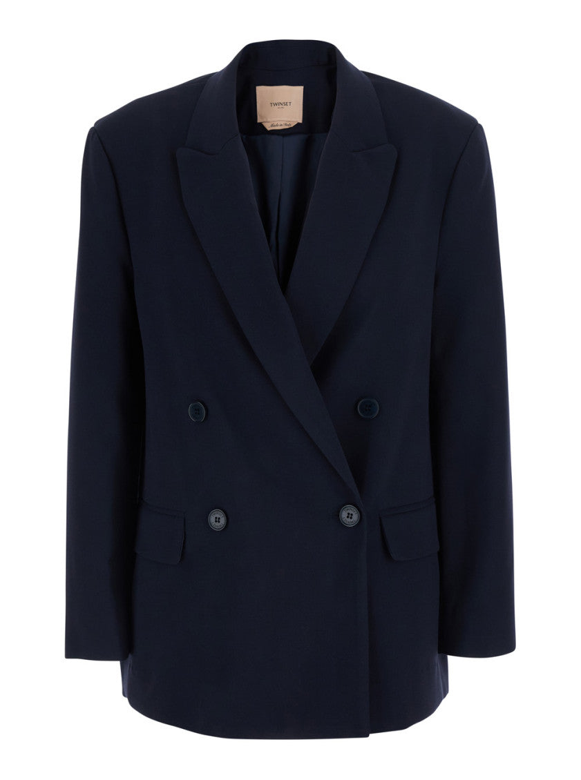 Blue Solid Peaked Lapel Blazer 1