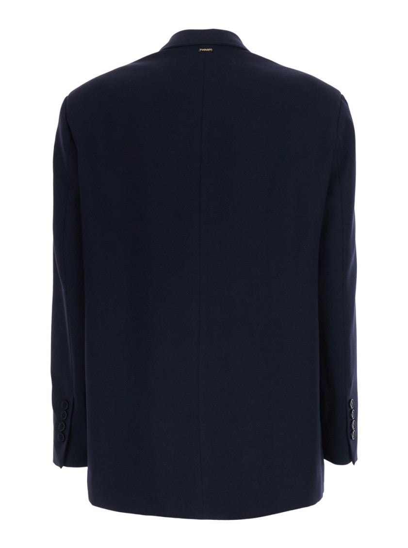 Blue Solid Peaked Lapel Blazer 2