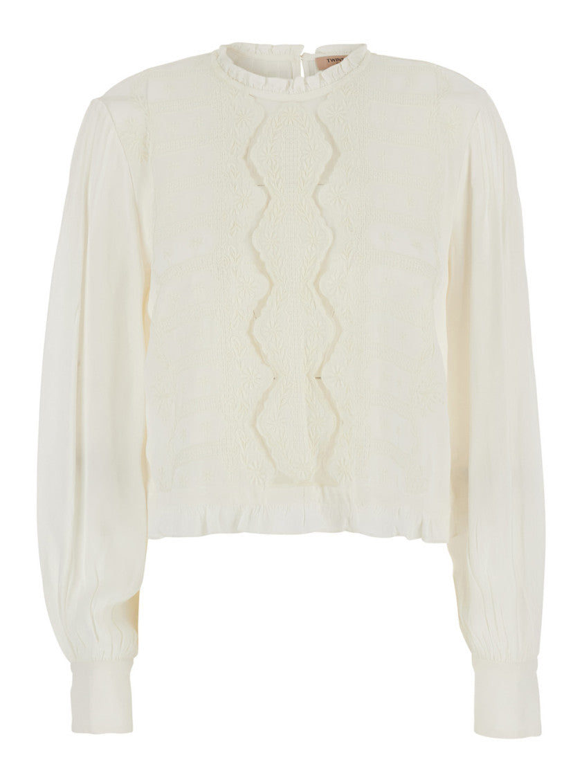 White Embroidered Crew Neck Top 1