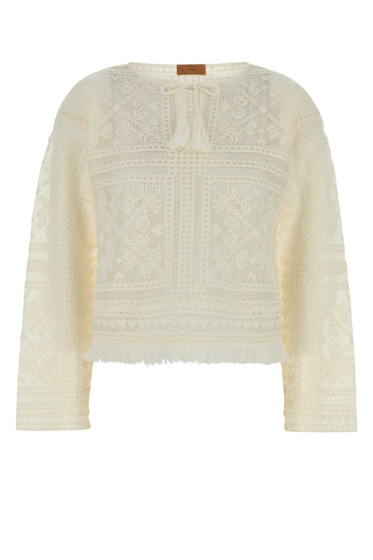 White Crochet Round Neck Sweater 1