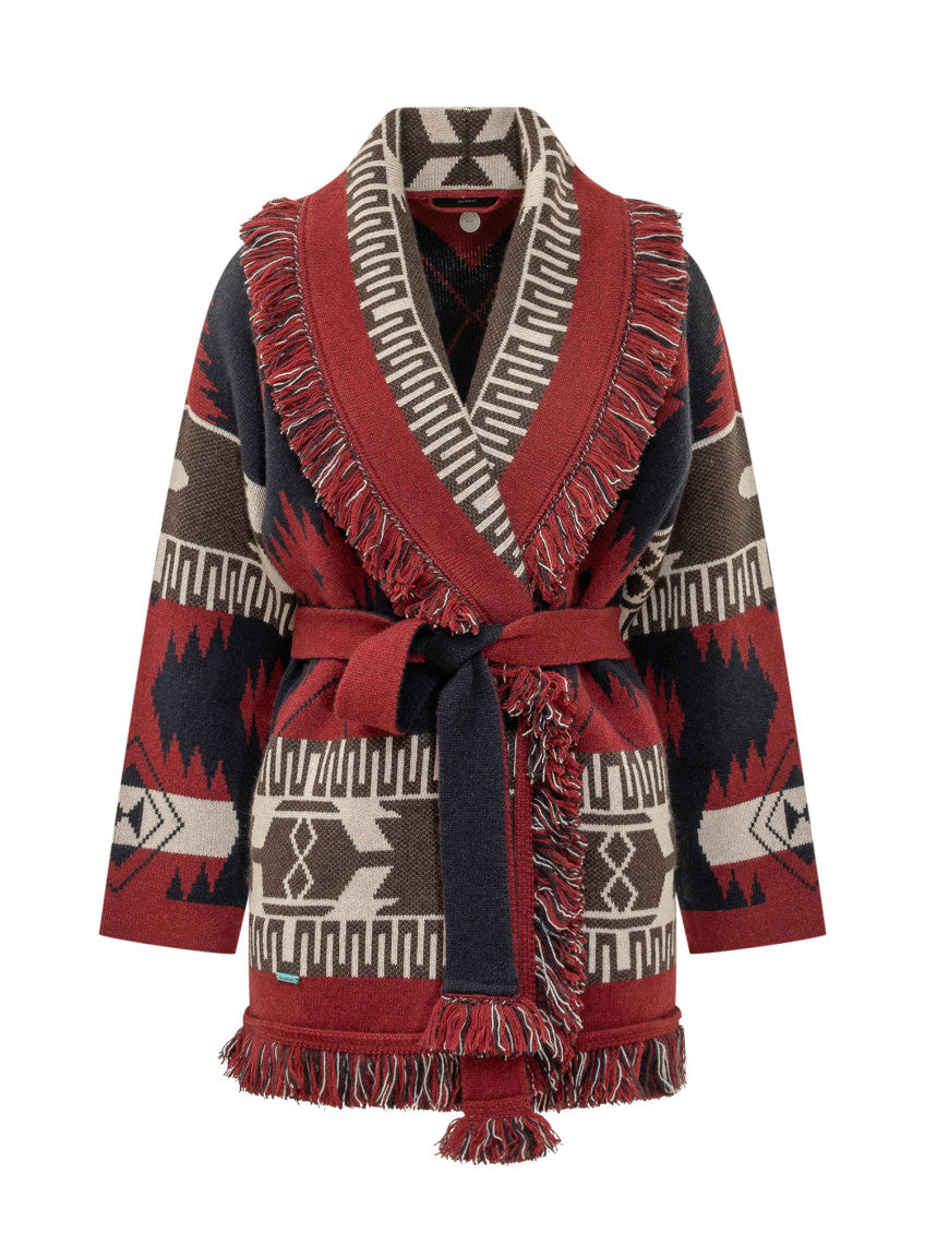 Red Geometric Shawl Lapel Cardigan 1