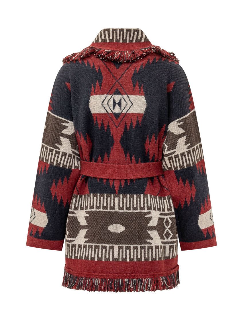 Red Geometric Shawl Lapel Cardigan 2
