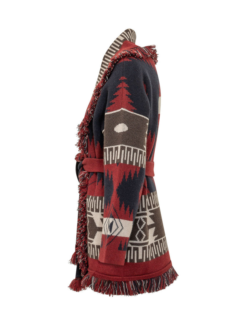Red Geometric Shawl Lapel Cardigan 3