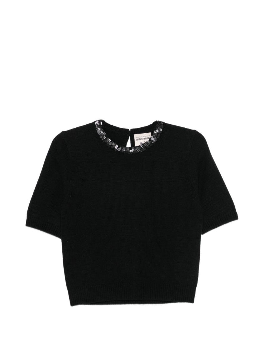 Black Embellished Round Neck T-Shirt 1