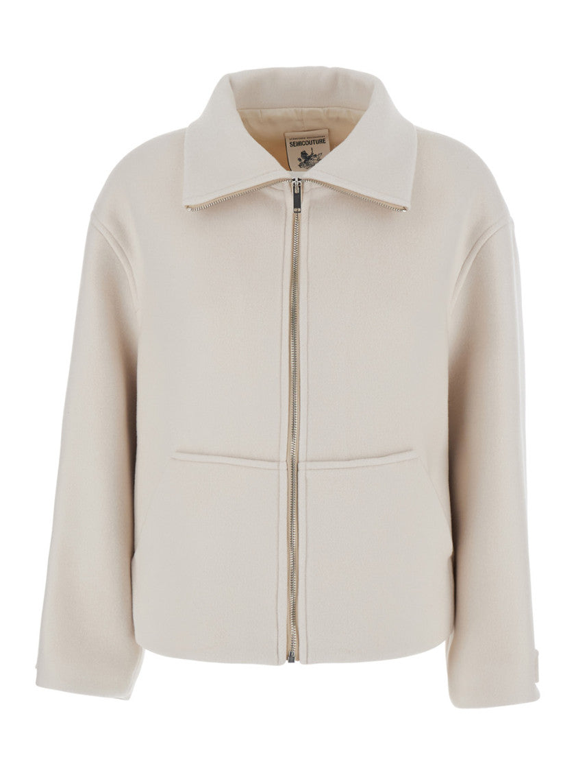 White Solid Shirt Collar Jacket 1