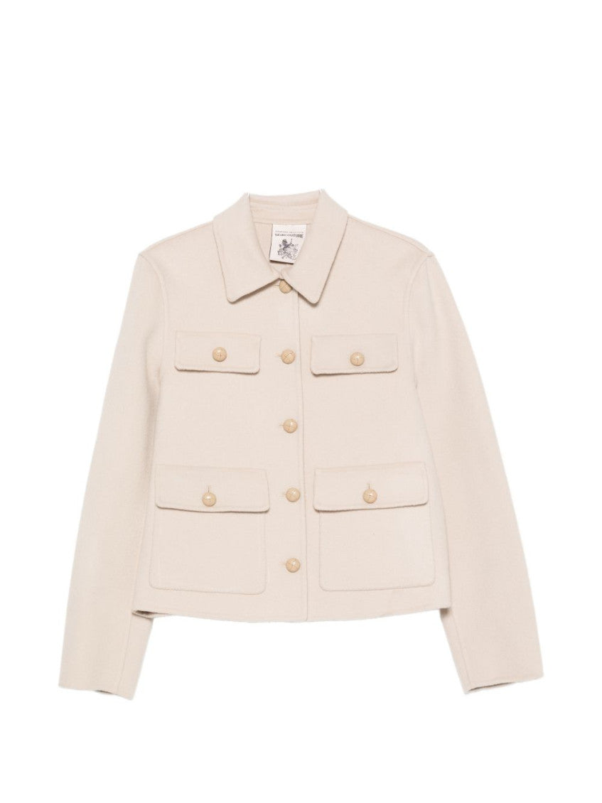 White Solid Shirt Collar Jacket 1