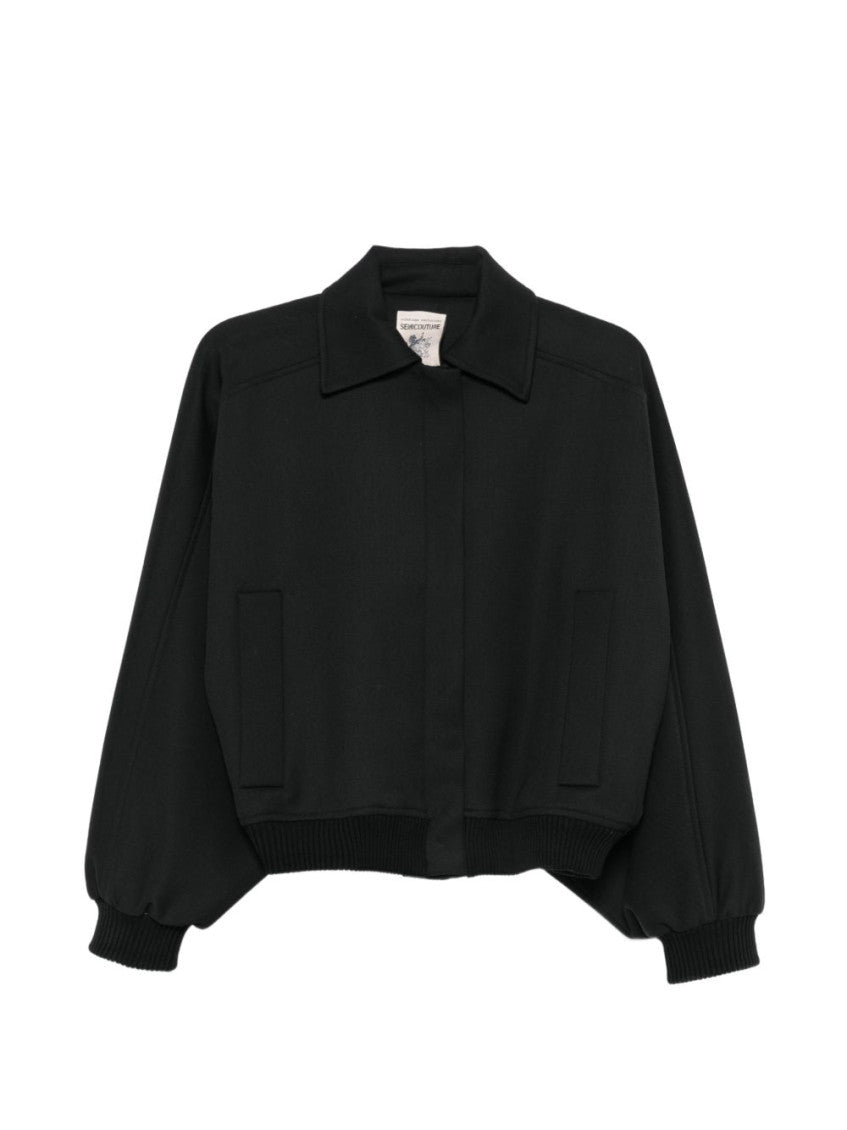 Black Solid Shirt Collar Jacket 1