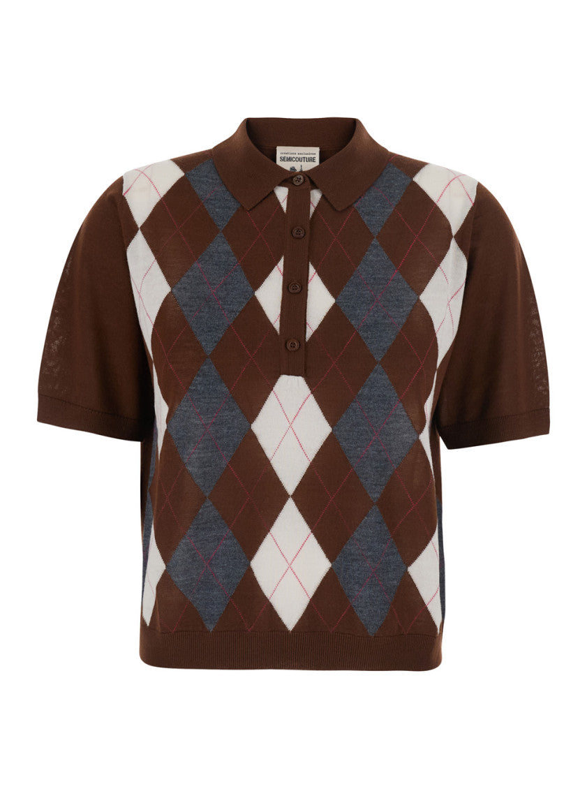 Brown Geometric Polo Collar Sweater 1