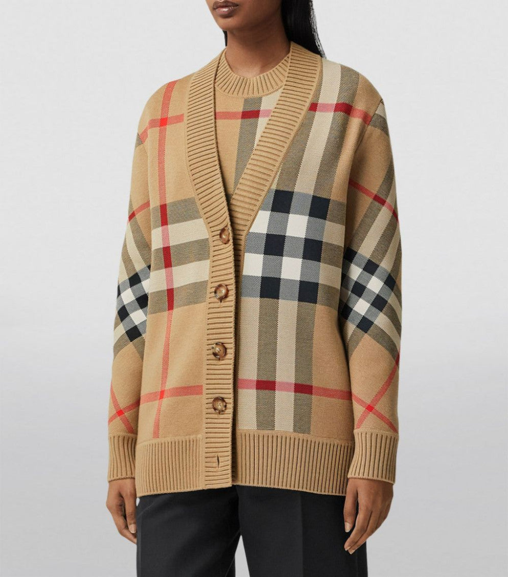Beige Beige Check Motif Wool Cardigan 5