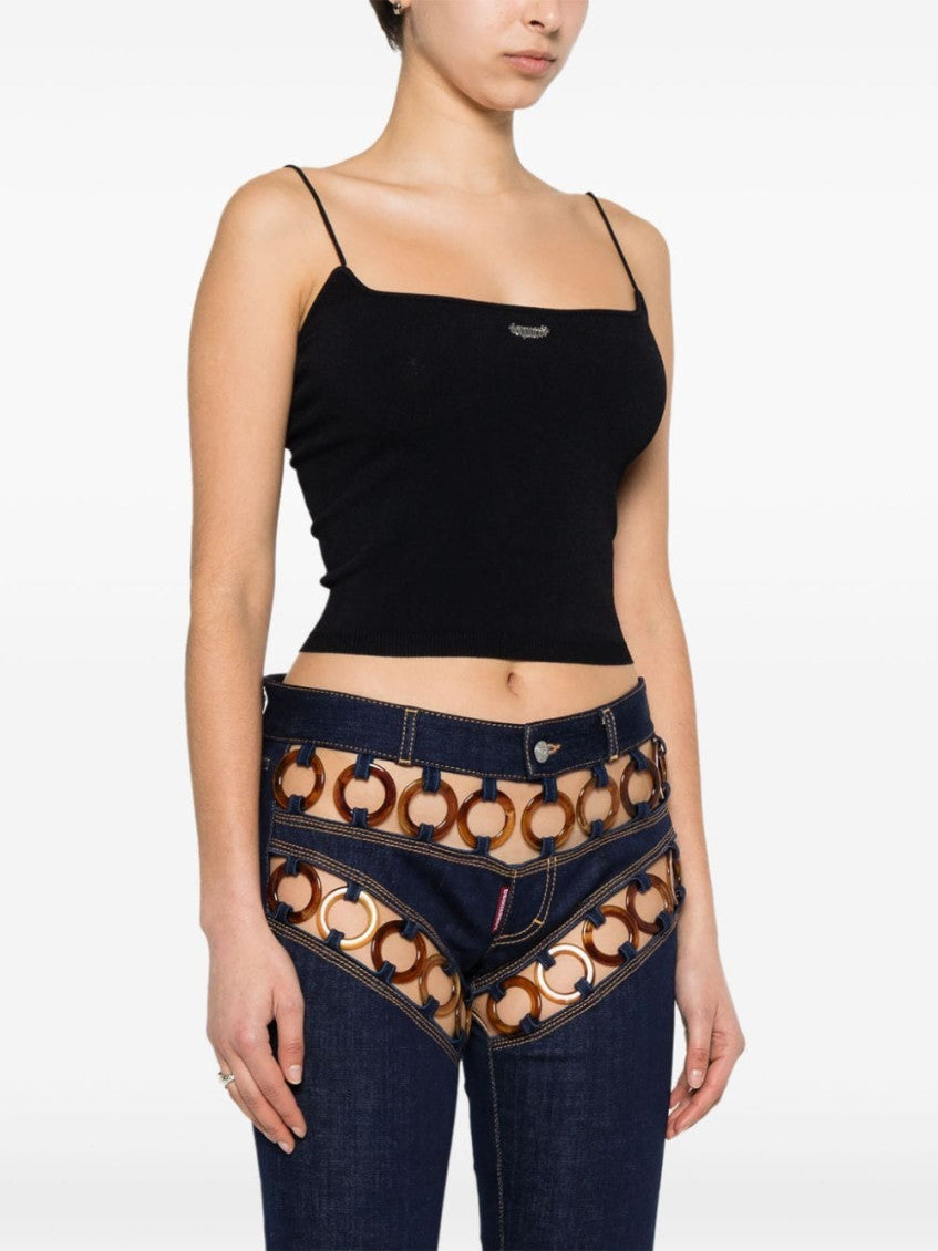 Black logo-plaque knitted crop top 4
