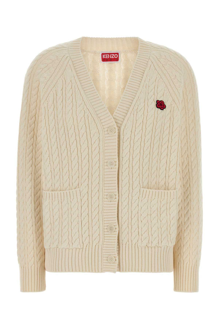 Beige V-Neck Flower Embroidery Cardigan 1