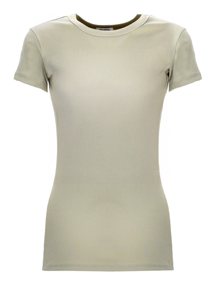 Beige Ribbed Crew Neck T-Shirt 1