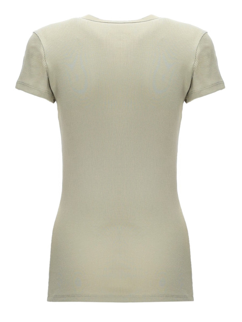Beige Ribbed Crew Neck T-Shirt 2