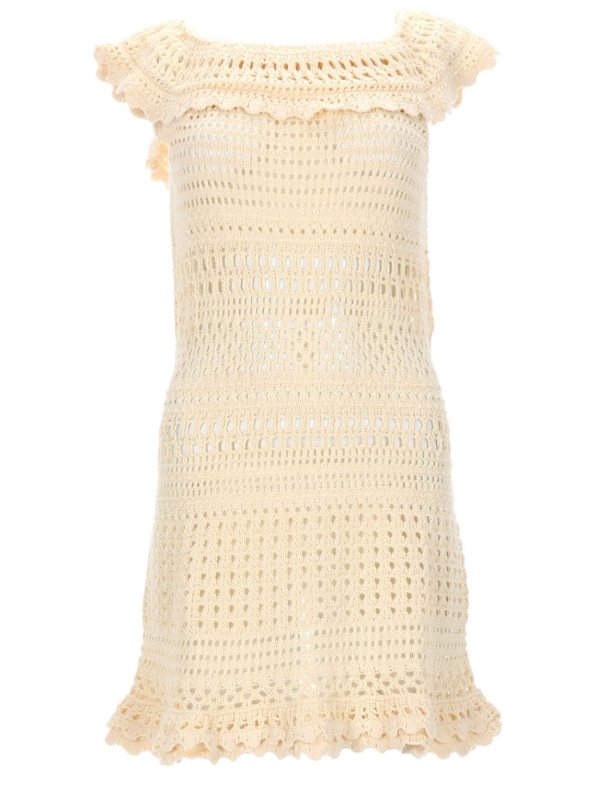 Beige Crochet Round Neck Mini Dress 1