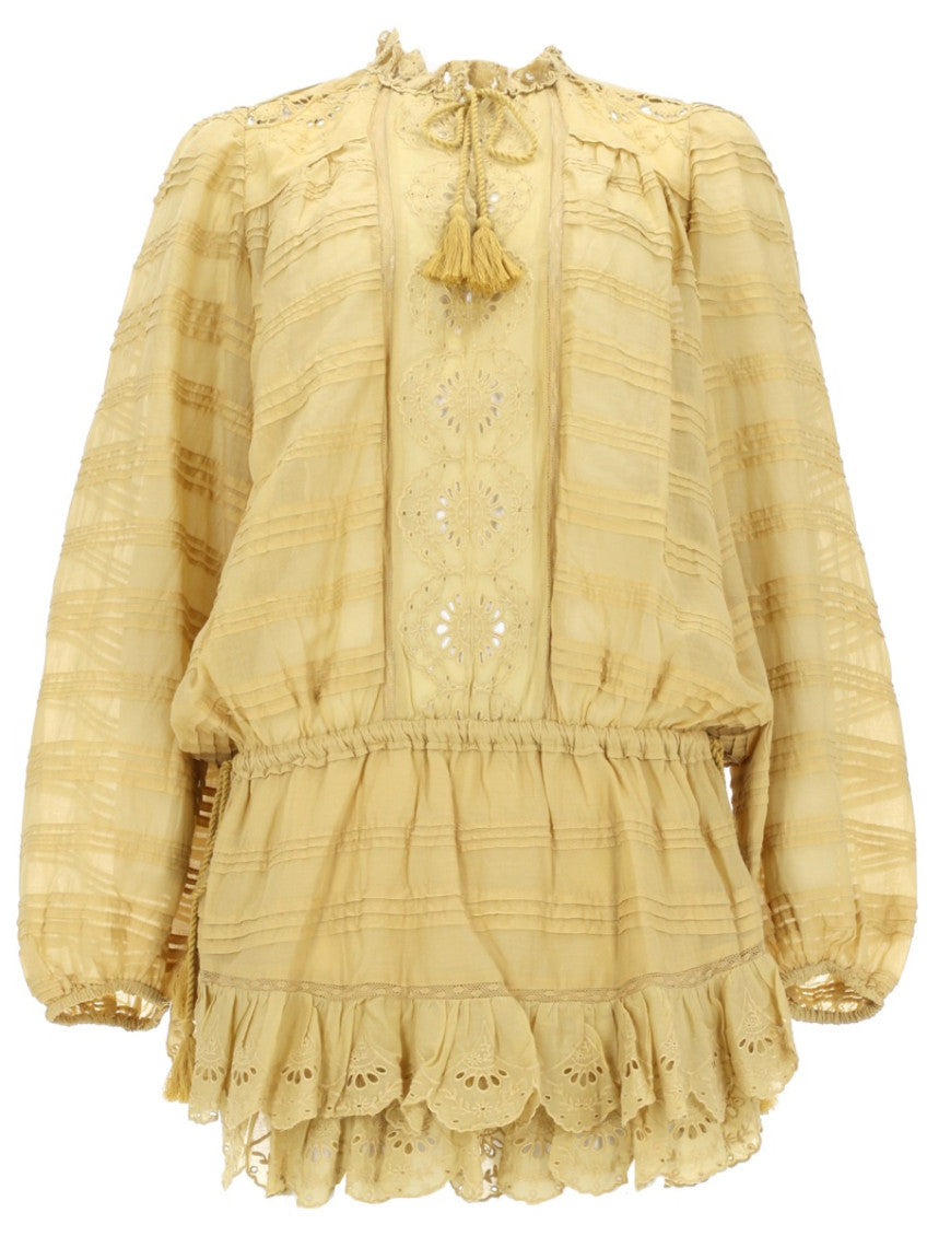 Yellow Embroidered Band Collar Mini Dress 1