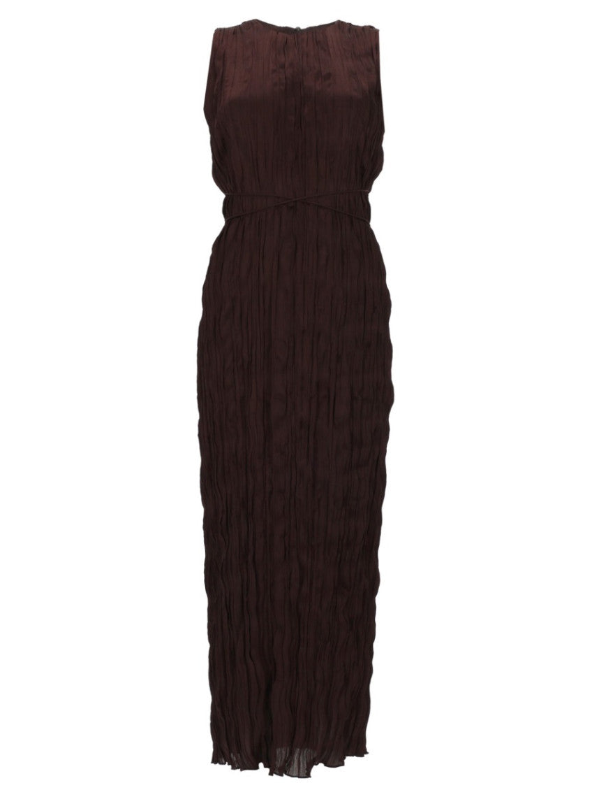 Brown Pleated Round Neck Maxi Dress 1