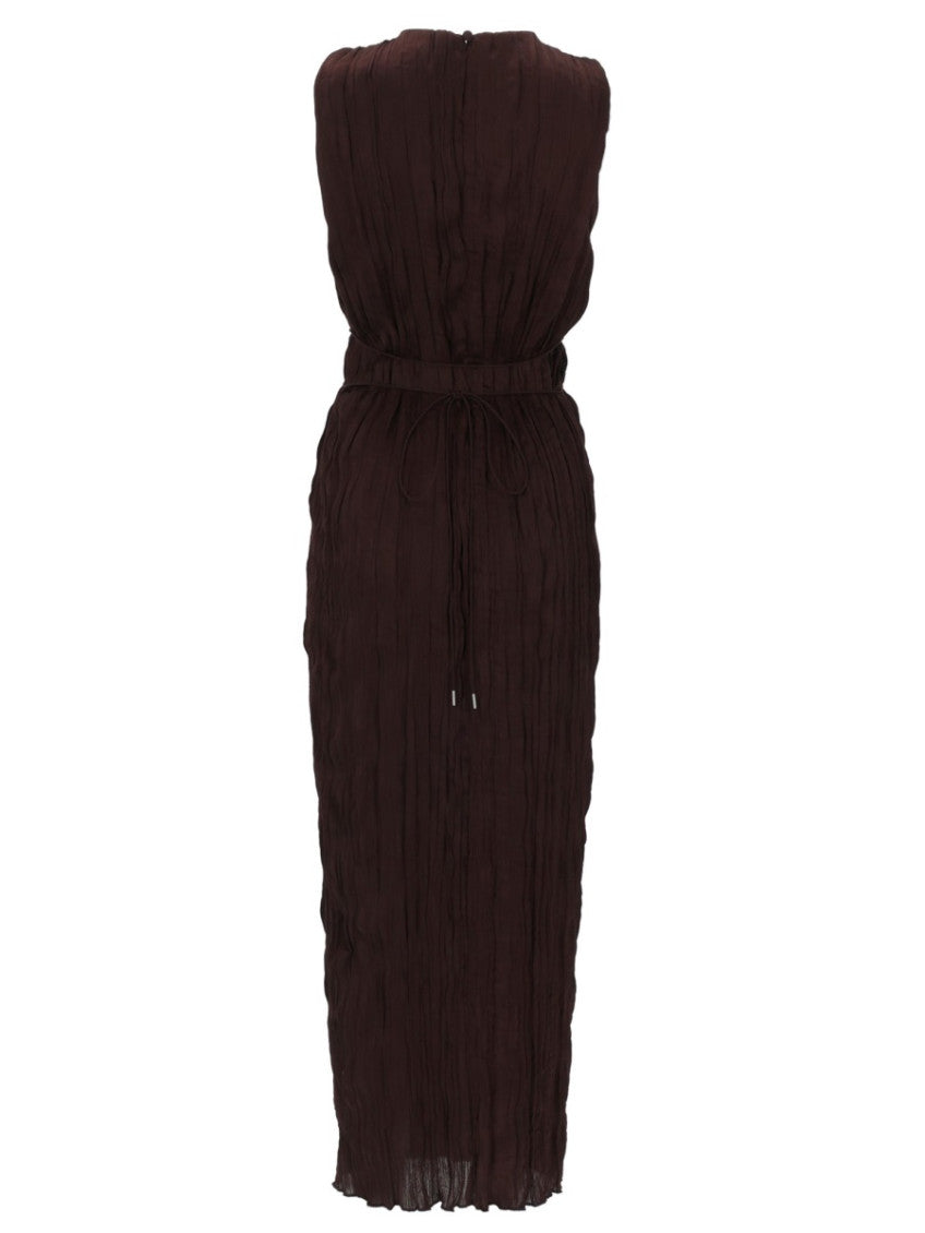 Brown Pleated Round Neck Maxi Dress 2