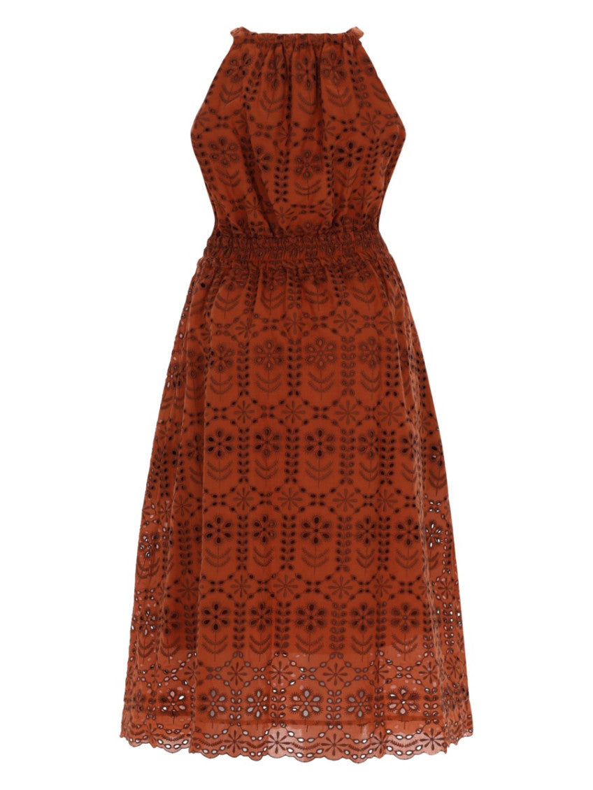 Brown Embroidered Halter Neck Midi Dress 2