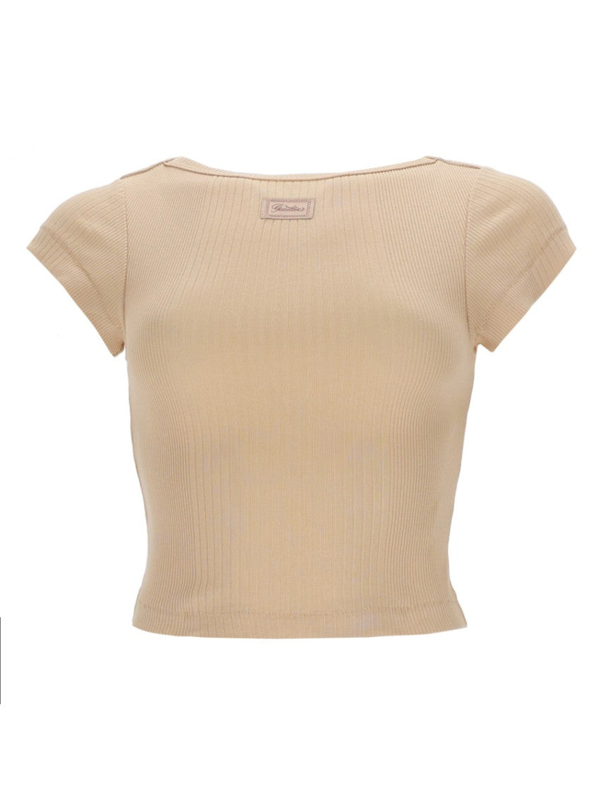 Beige Solid Boat Neck T-Shirt 1
