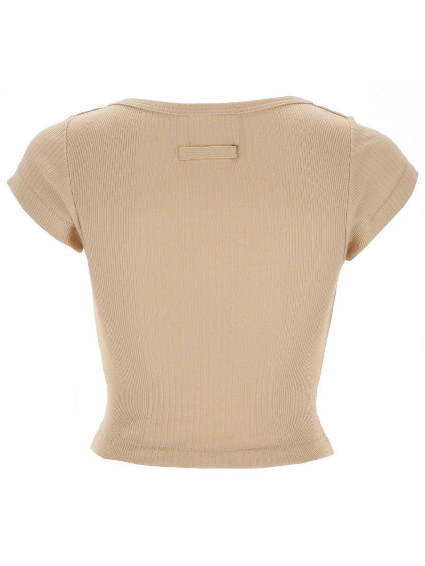 Beige Solid Boat Neck T-Shirt 2