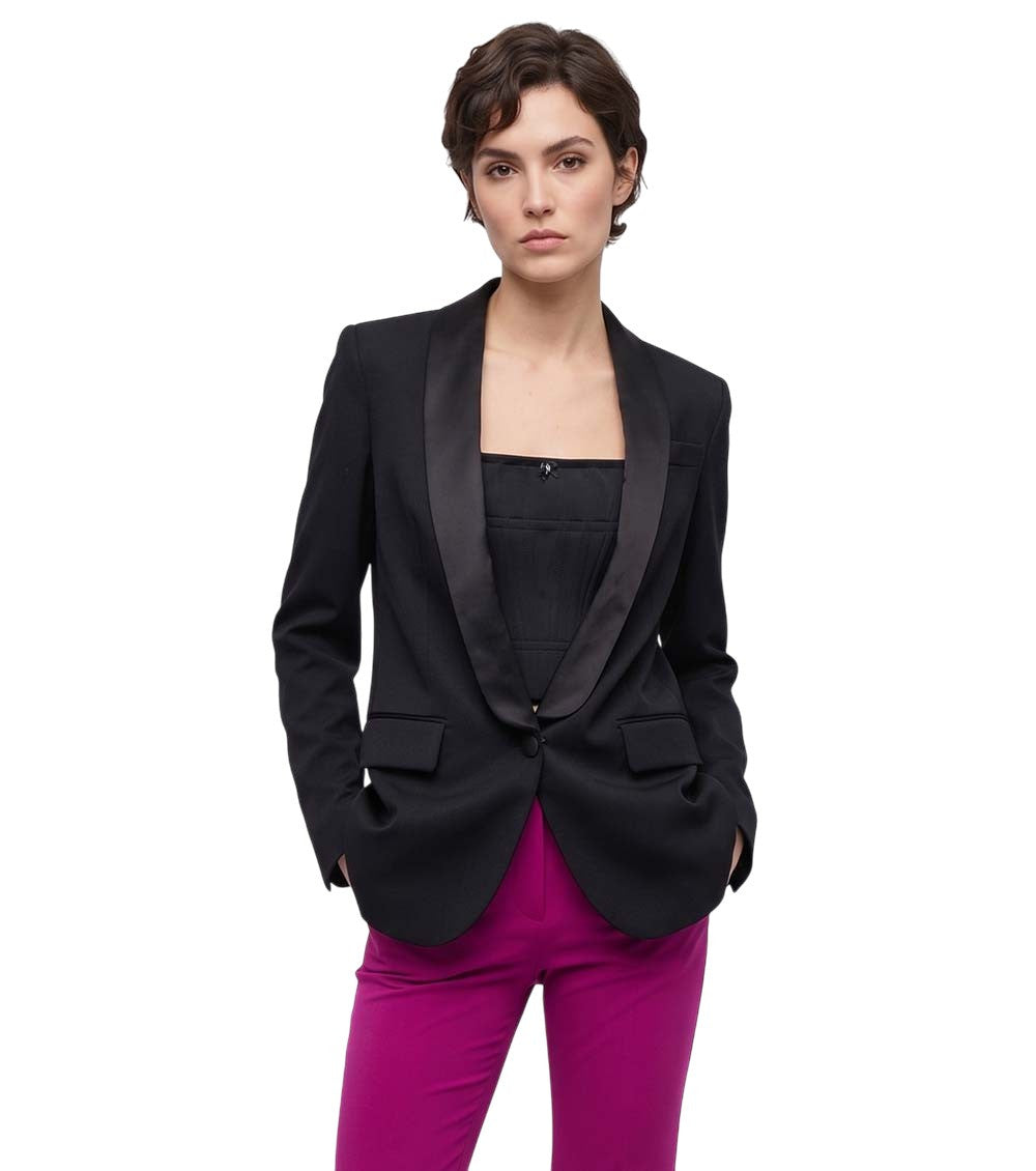 Black Solid Shawl Lapel Blazer 1