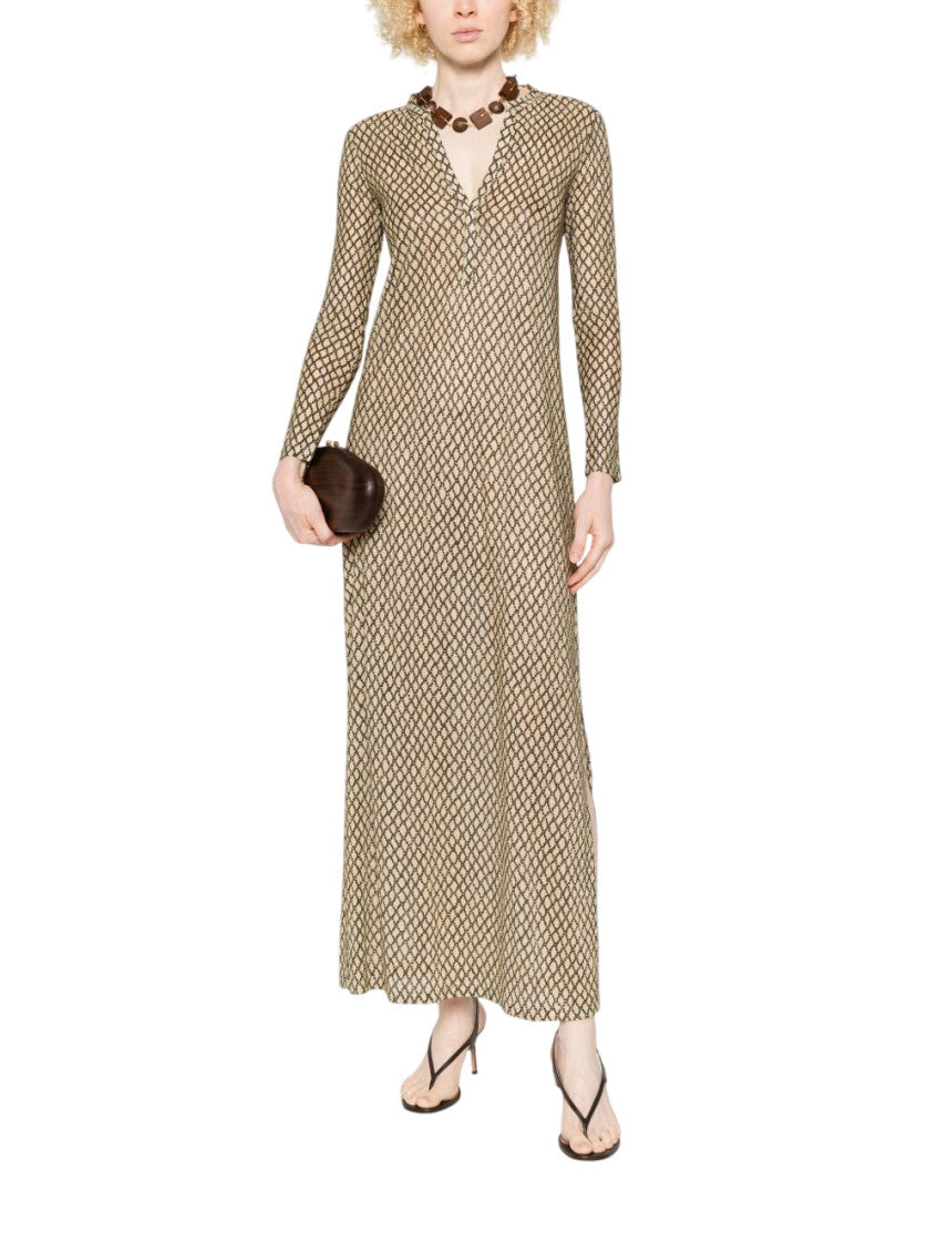 Beige Printed V Neck Maxi Dress 2