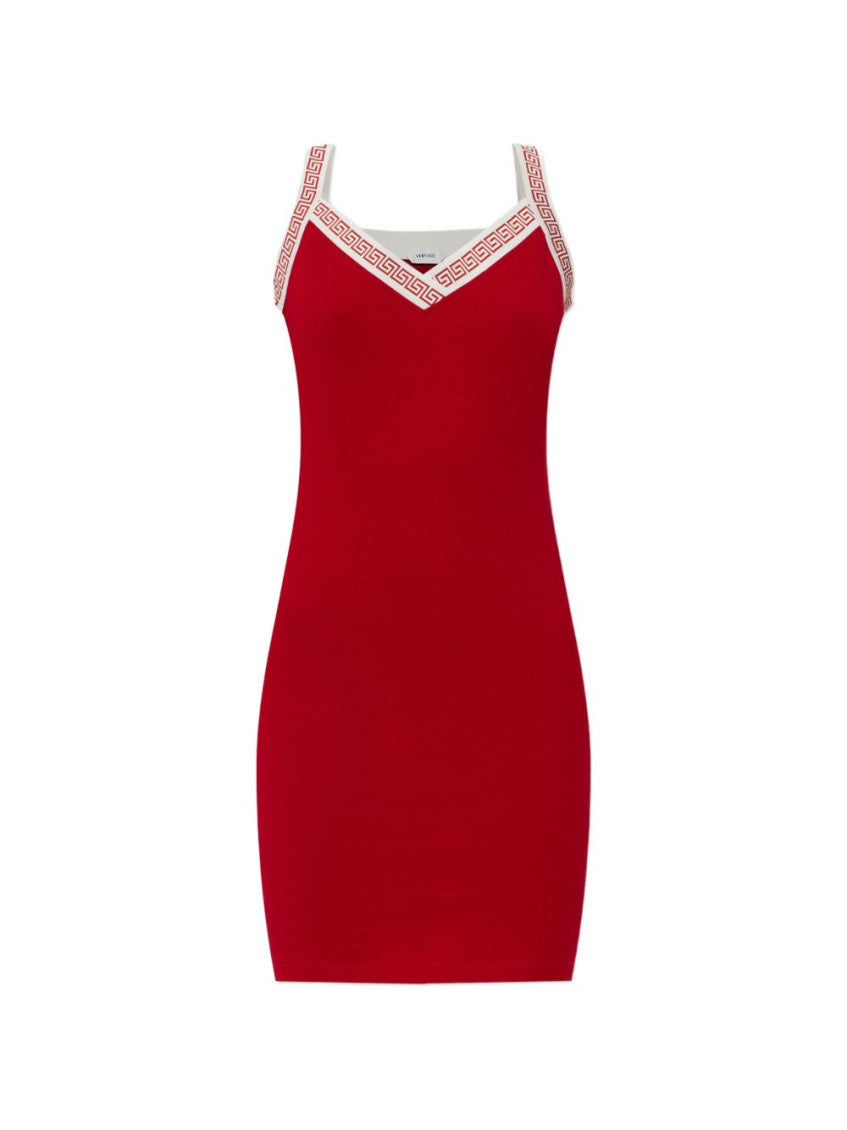 Red V Neck Knee Length Dress 1