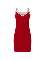 Red V Neck Knee Length Dress 1