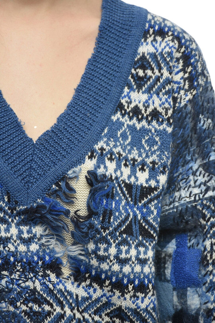 Blue Jacquard V Neck Sweater 3